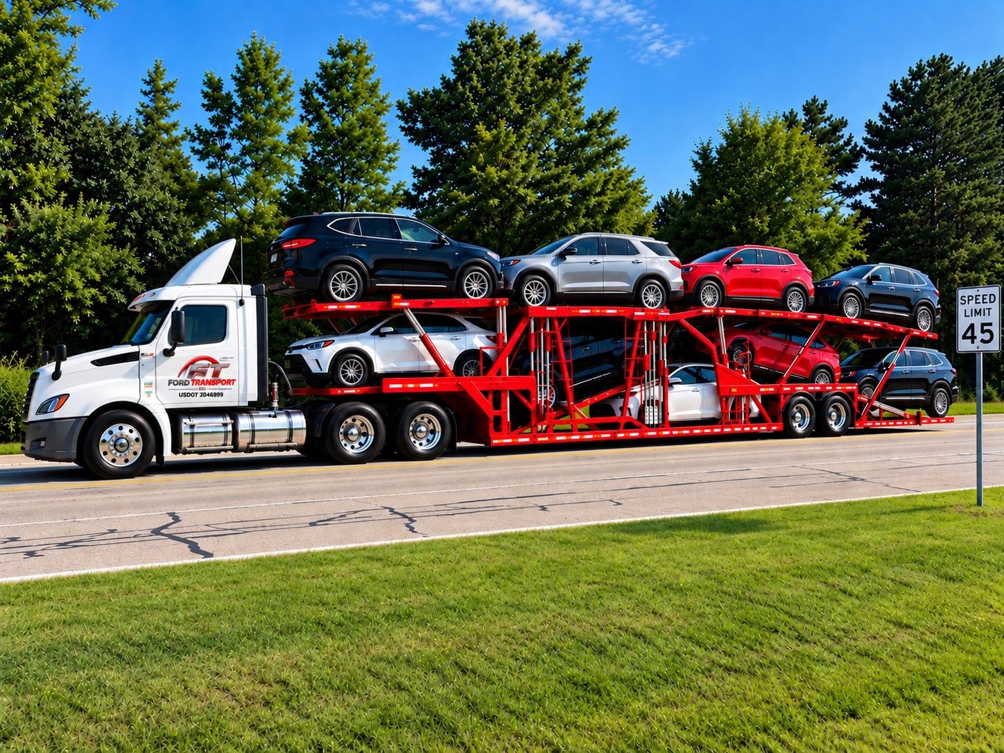 Ford Transport white tractor and red loaded car-hauler trailer on roadside — full rig visible